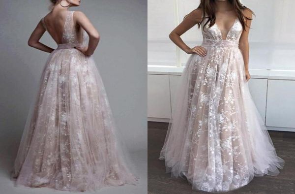 

2019 modern v neck prom dresses champagne lace tulle backless long evening party gowns a line formal dress3562802, Black