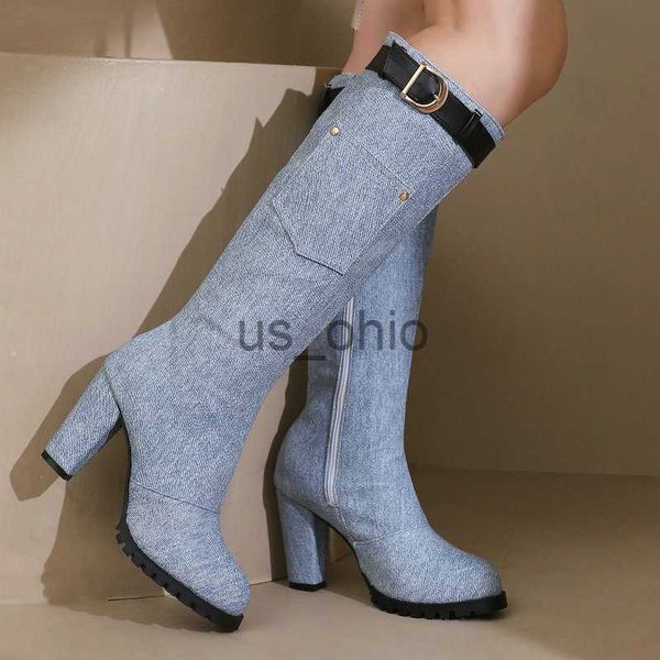 

boots blue grey denim jeans buckle belt western cowboy boots mature ladies pumps big size 47 48 49 block high heels winter women shoes j2308, Black