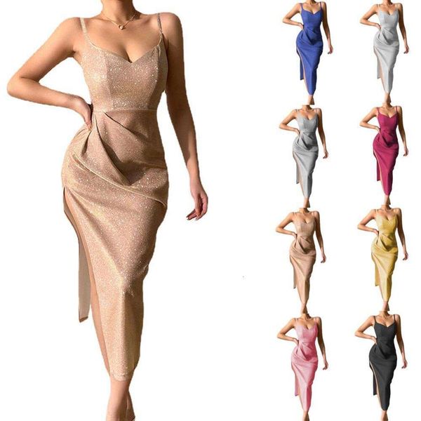 

spring glitter pink deep v strap dress split temperament long for women, Black;gray