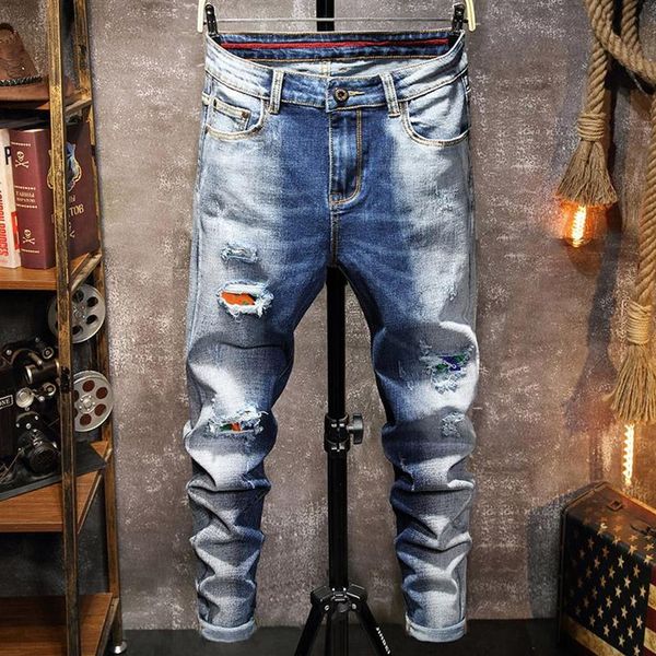 

men's jeans for men 2021 blue gradient color ripped pants hip hop casual stretch slim fit mens skinny trousers s287x