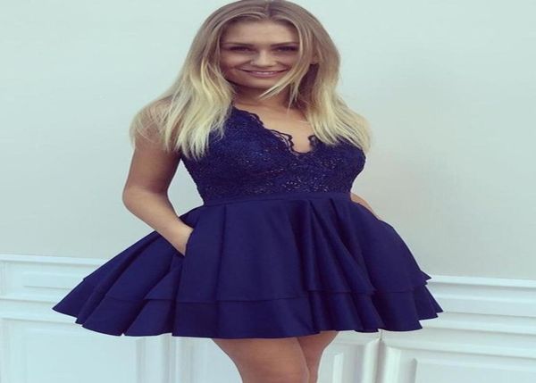 

2021 navy blue graduation prom dress short designer v neck applique lace sequin a line ruched homecoming cocktail dress7255750, Blue;red