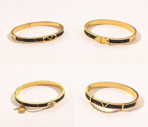 

whole fashion bracelets women bangle designer lucky letter jewelry faux leather 18k gold plated stainless steel bracelet women8132957, Black