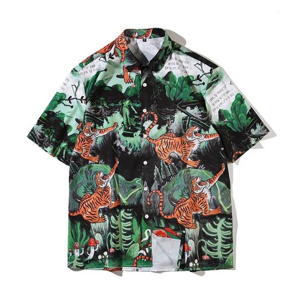 

men casual tiger print beach shirts lapel short sleeve button loose streetwear fashion hawaiian for camisas hombre men's244v, White;black