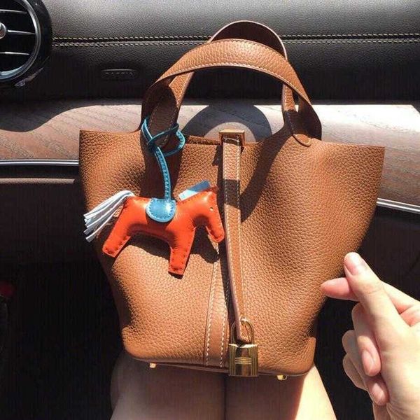 

vegetable basket bags picotin lock female genuine leather 2023 first layer cowhide handbag large capacity bucket bag brand tote lu265g