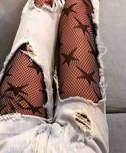 

fashion cool star printed fishnet tights erotic hollow out mesh pantyhose punk pattern pantyhose black women tight lingerie x4507755, Black;white