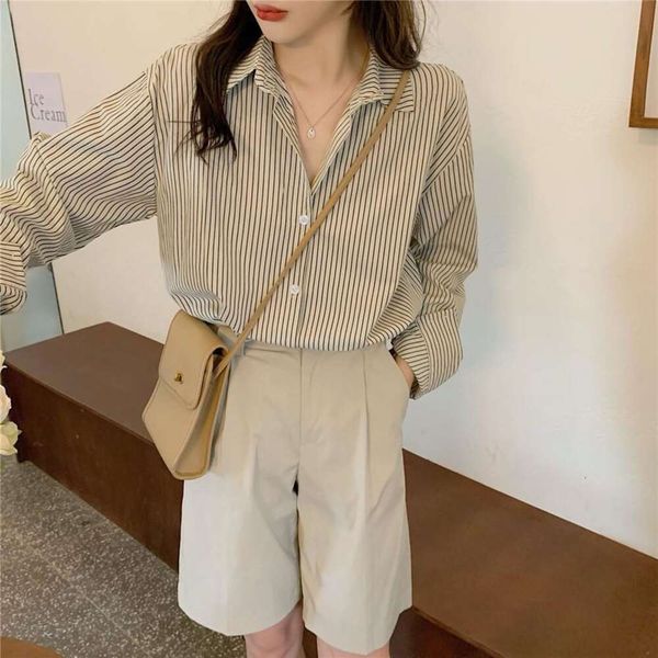 

lazy and casual early autumn shirt simple commuting design sense small group loose skinny striped long sleeved for, White