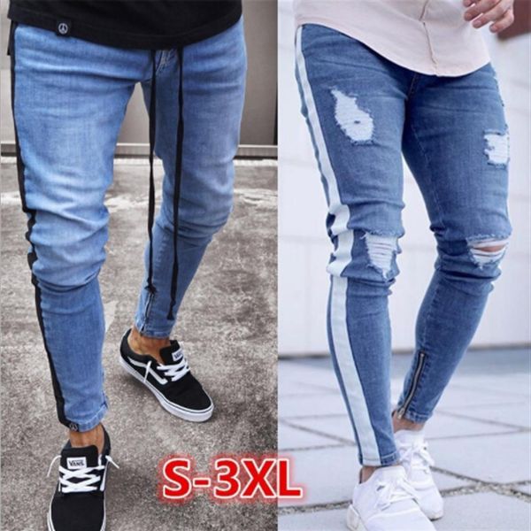 

mens ripped jeans leg zipper striped biker denim pencil pants male fit long trousers pants slim distressed streetwear jeans mens p316v, Blue