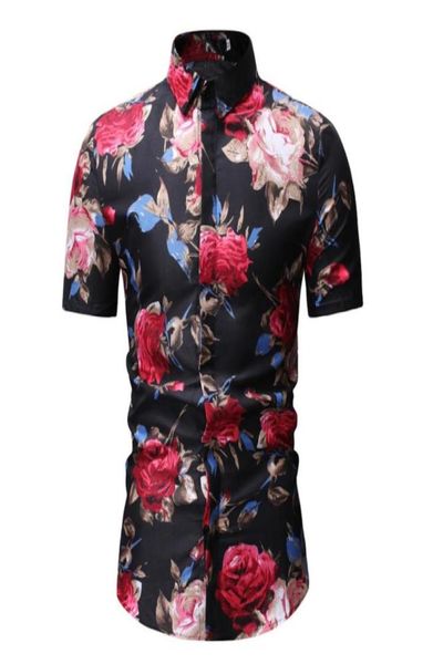 

men039s slim fit flower printed shirts male short sleeve floral shirt basic casual plus size36078165180017, White;black
