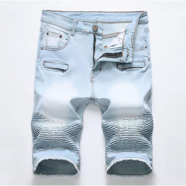 

unique mens ripped motocycle denim shorts jeans fashion designer scratched zipper pocket retro big size panelled short jeans trous258x, Blue