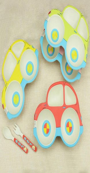 

3 pcs lovely children039s tableware set baby kids cartoon car shape plate dish with fork spoon bamboo fiber dinnerware set3841743