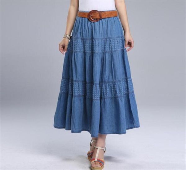 

women summer denim skirts high waist plus size long skirt vintage solid color aline jean skirt with belt 2019 spring a5390 v191134048648, Black
