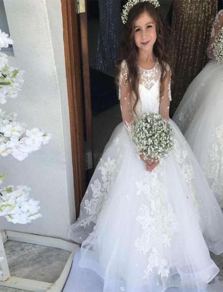 

2020 new princess flower girl dresses for weddings jewel neck lace appliques puffy illusion little kids baby gowns first communion7598221, White;blue