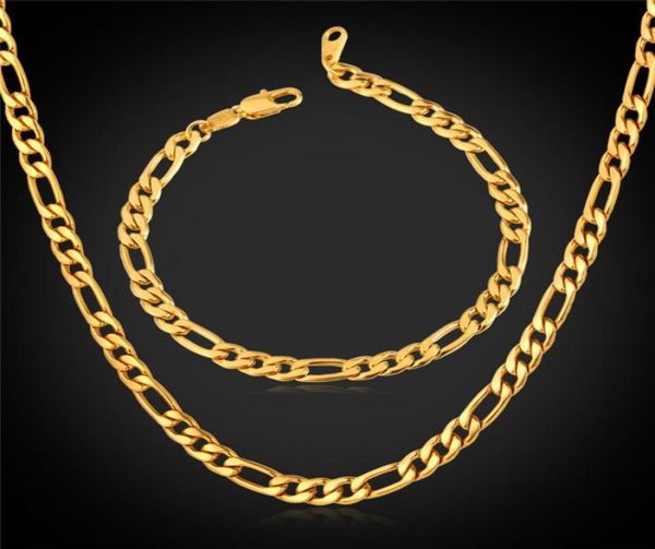 

new trendy figaro chain stainless steel necklace sets 18k real gold plated chunky necklacebracelet men jewelry ys2264515691, Black