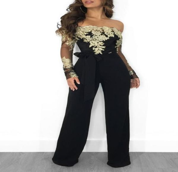 

lace patchwork jumpsuit women off shoulder slash neck long sleeve women jumpsuit elegant slim wide pants6315117, Black;white
