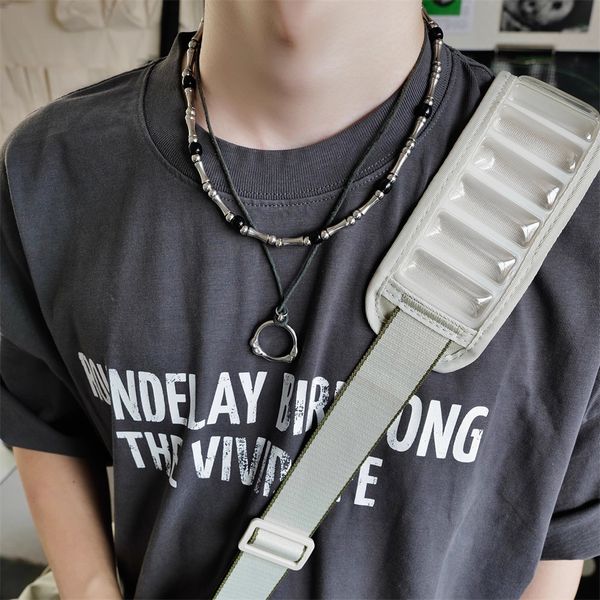 

japanese and korean niche design nlack white bamboo joint beaded titanium steel necklace for men and women's fashion charm, Black