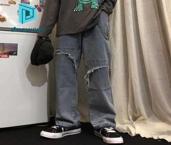 

dueweer mens straight jeans spring autumn ripped holes trousers hip hop baggy plus size casual wide leg goth denim pants5477385, Blue