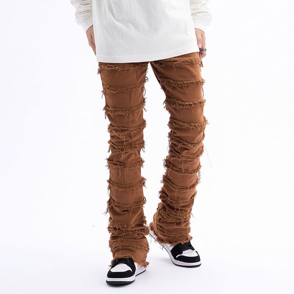 

men's jeans harajuku hip hop streetwear striped tassel frayed straight baggy jeans pants male and female solid color casual denim trous, Blue