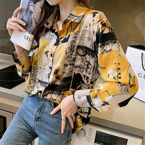 

long sleeved printed shirt for women autumn korean version of loose chiffon, White
