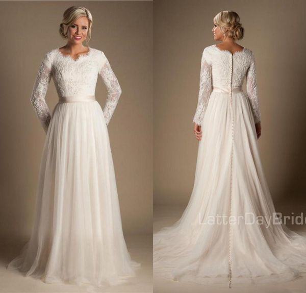 

aline beaded lace tulle modest wedding dresses with long sleeves scalloped neck buttons up back full sleeves long country bridal 9511784, White