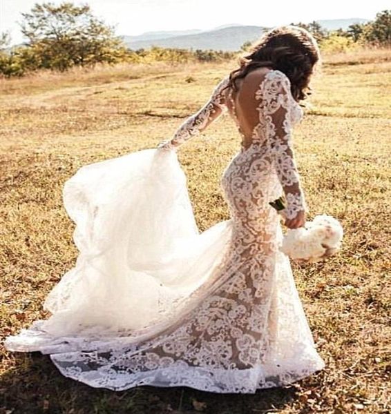 

nude and ivory mermaid wedding dress full lace appliques sheer backless buttons back long sleeve country bride dresses bridal6162424, White