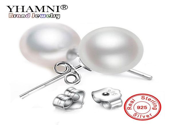 

yhamni have s925 stamp 100 925 sterling silver stud earrings for women double side 8mm pearl earrings new jewelry ed0296182719, Golden;silver