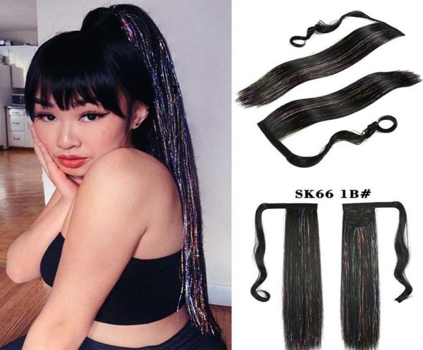 

22inch 100g synthetic ponytail mixed glitter twinkle hair tinsel drawstring ponytails extensions1138456, Black