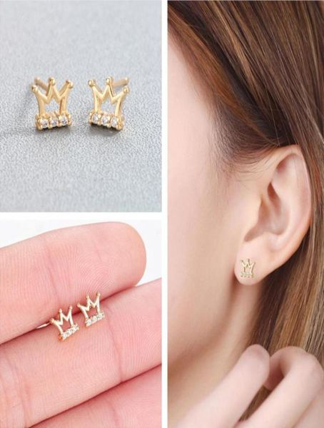 

kinitial mini cz zircon princess crown earrings for women girls crystal baby kids letter stud earring party birthday gift bijoux1252153, Golden;silver