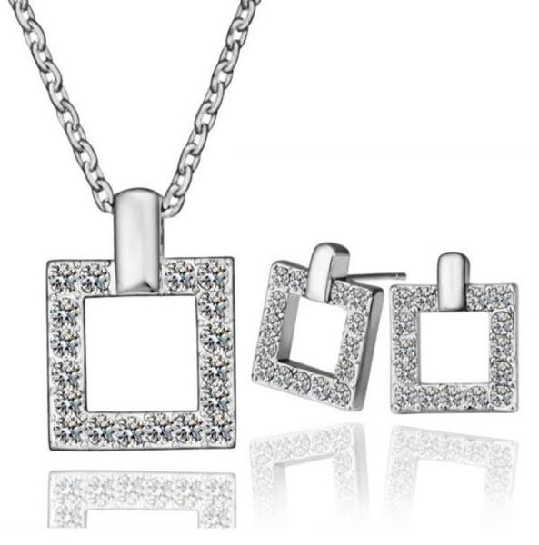 

18k platinum plated fashion women square jewelry sets austrian crystal pendant necklaces stud earrings for women3526750, Silver