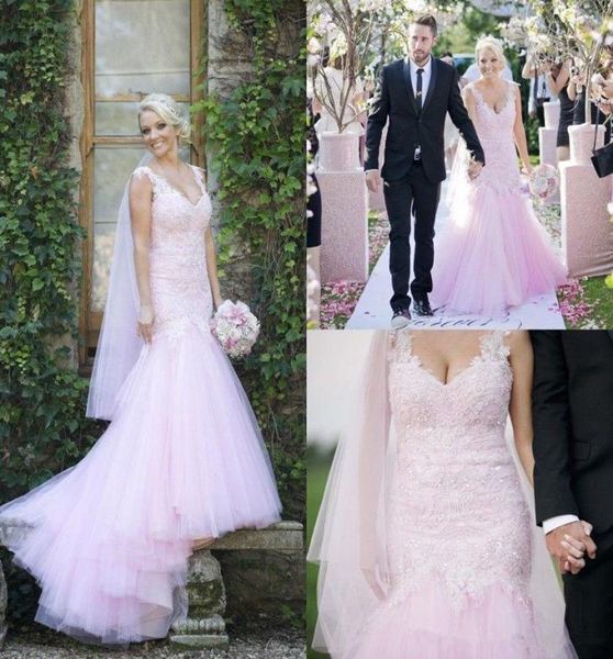 

new romantic mermaid light pale pink wedding dresses beaded sequined lace tulle handmade appliques cap sleeve bridal gowns custom 2193995, White