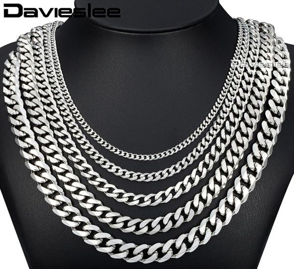 

davieslee 60cm mens chain silver color stainless steel necklace for men curb cuban link hip hop jewelry 357911mm dlknm078728866