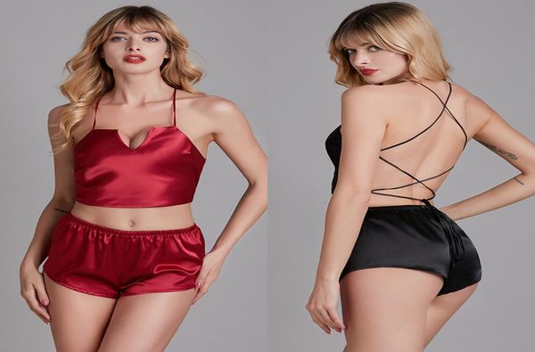 

women 2pcs satin silk sleepwear spaghetti strap silk shorts pajama set ladies sleepwear female pajama party set3640054, Black;red