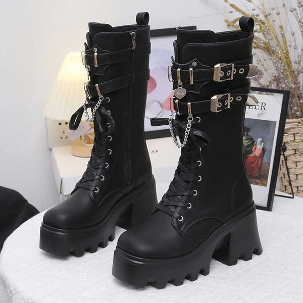 

2023 autumn/winter new fashion style rivet buckle strap thick heel mid length boots women's gothic punk knight boots 230811, Black