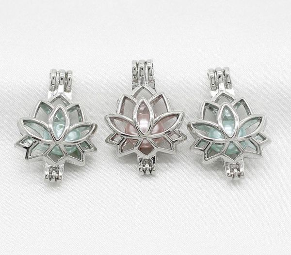 

10pcs hollow lotus flower pearl cage lockets diffuser cage pendant necklace jewelry making supplies for perfume essential oil7702433, Silver