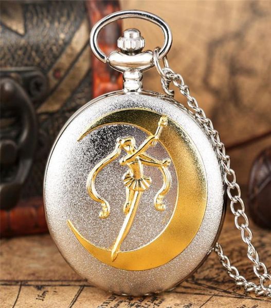 

retro fashion golden silver sailor moon watches anime cartoons quartz pocket watch analog display necklace chain for girl womens g7084206, Slivery;golden