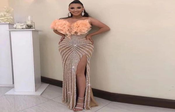 

sparkly silver sequins mermaid prom party dresses for black girl sheer neck front split plus size arabic aso ebi style formal even7681319