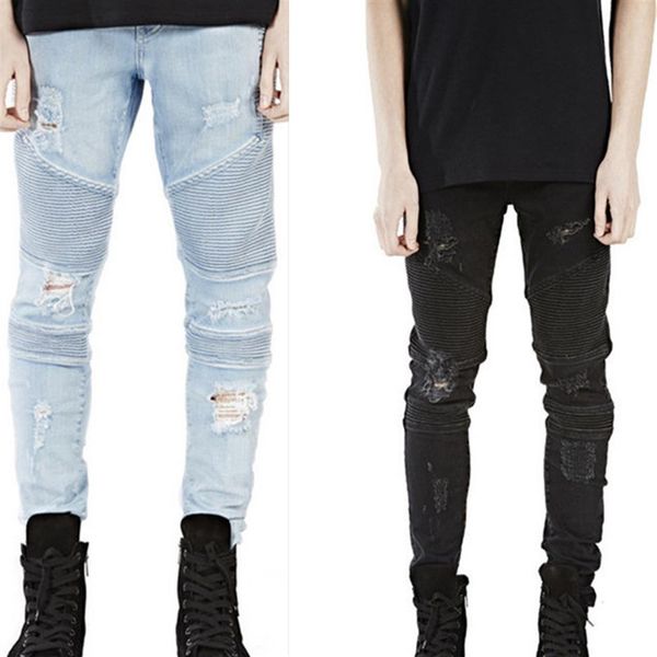 

new 2016 street hole biker jeans stereo clipping elastic hole ripped jeans men denim fold foot locomotive jeans strech skinny bike263x, Blue