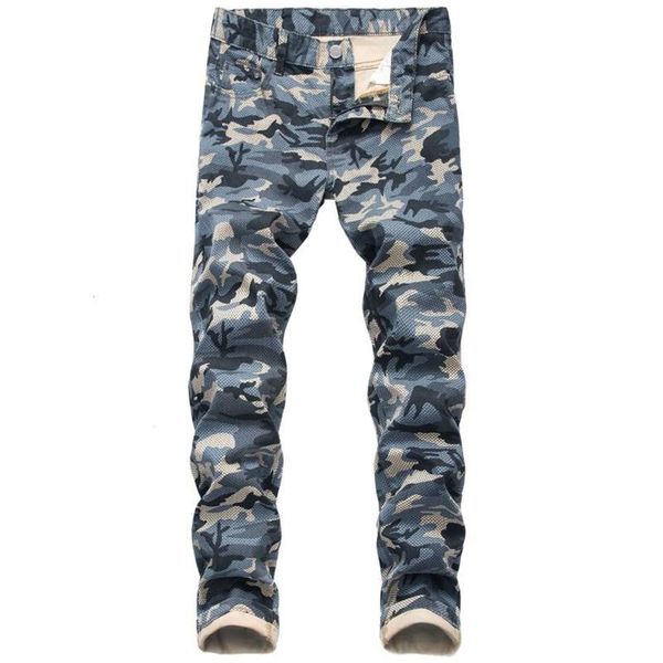 

mens fashion slim fit camouflage jeans personality male slim stretch simple print casual trousers denim pants293l, Blue