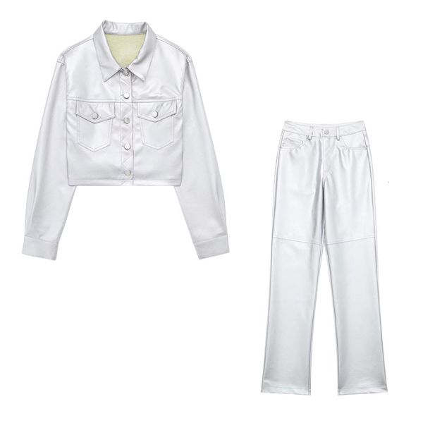 

two piece dress unizera leisure fashion womens silver pu imitation leather short skirt long and pants set 230810, White