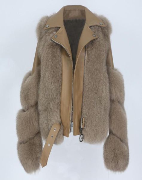 

oftbuy 2021 real fur coat winter jacket women natural fox fur genuine leather outerwear detachable streetwear locomotive6746878, Black