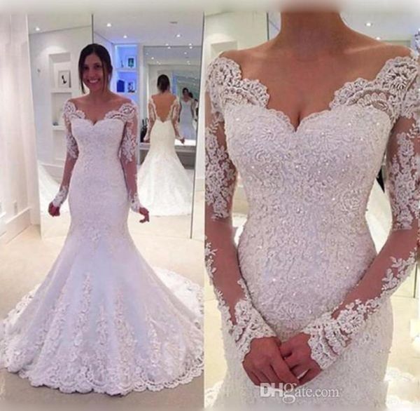 

2017 charming off the shoulder ivory white wedding dresses lace mermaid long sleeve backless real po vestido de noiva4214340