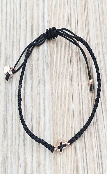 

motif cross bracelet in rose gold vermeil with spinels and black cord authentic 925 sterling silver bracelets fits european bear j6399409, Golden;silver