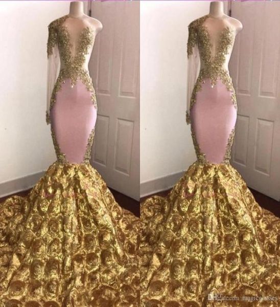 

african mermaid prom dresses sheer jewel neck gold appliqued one shoulder sweep train 3d flowers evening formal party gown pageant1102652, Black