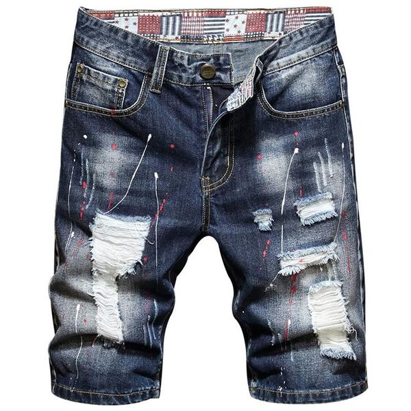 

men's jeans 2021 summer brand clothing trend fashion straight denim shorts classic pockets torn hole paint print youth cotton278t, Blue