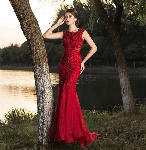 

5491 luxury mermaid burgundy tulle prom dresses 2020 beaded maxi dress 100 real images party evening gown backless pageant d6126881, Black;red