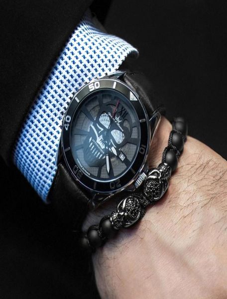 

braceletsbangle men bracelet black matte stone beaded bracelet double skeleton skull micro pave cz punk rock jewelry8147369, Golden;silver