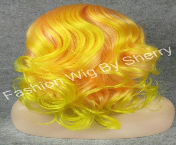 

16quot 3100b3300 yellowtipped pink heat friendly synthetic hair front lace wavy wig6899807, Black