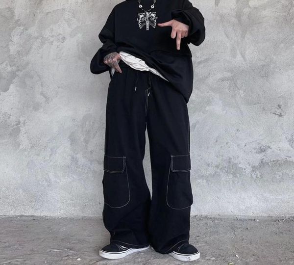 

men039s pants cotton wideleg men fashion retro multipocket cargo streetwear loose hiphop straight mens trousers m3xl4171204, Black