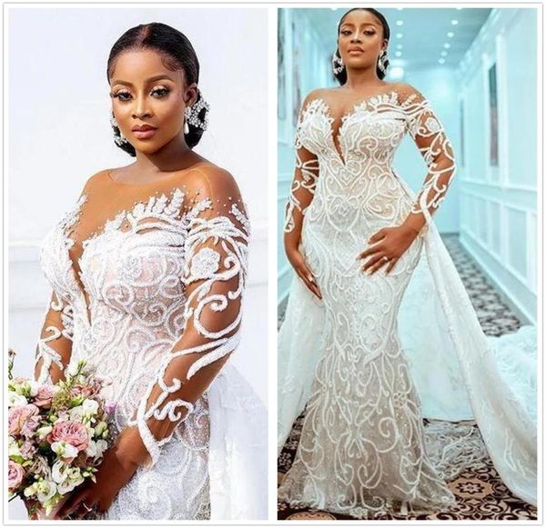 

plus size lace mermaid wedding dresses 2022 with detachable train sheer long sleeves beaded lace appliqued bridal gown custom made2587363, White
