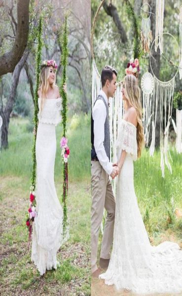 

romantic ivory full lace bohemian wedding dresses off shoulder plus size sweep train garden beach bridal gowns8219473, White