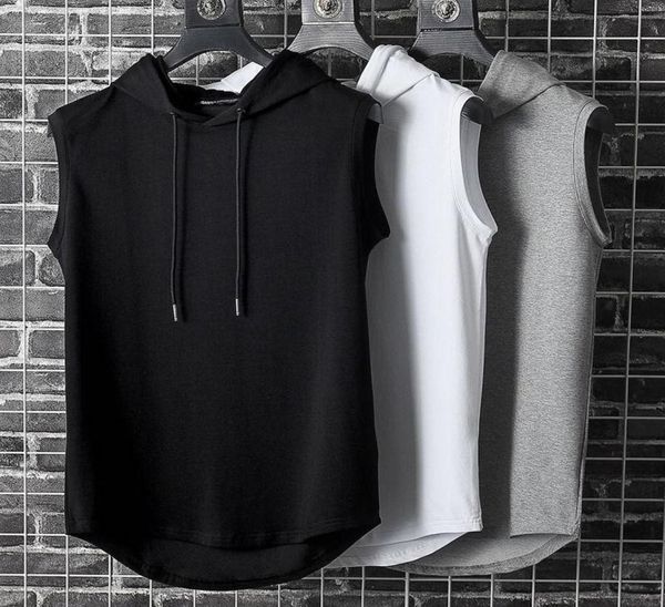 

men039s tank summer mens muscle hoodie vest sleeveless bodybuilding gym workout fitness shirt hip hop sweatsh7874863, White;black